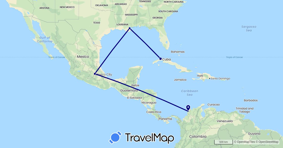TravelMap itinerary: driving in Colombia, Cuba, Mexico, United States (North America, South America)